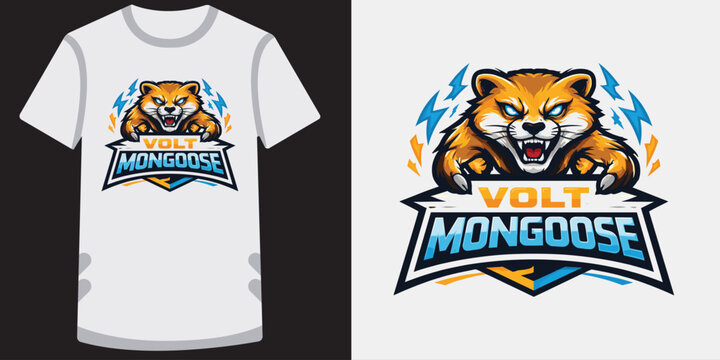 Fierce cartoon mongoose mascot logo design with electric blue lightning effects for sports team or esports branding on tshirt mockup