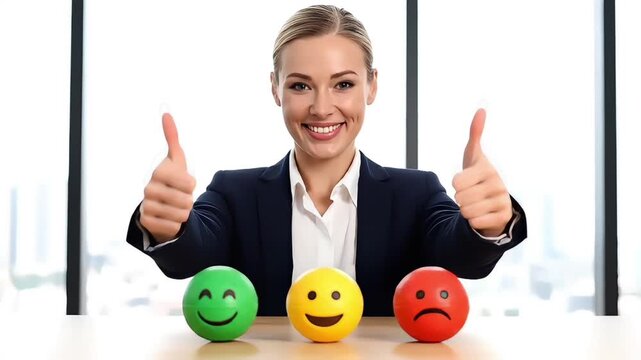A smiling businesswoman in a modern office gives two thumbs up behind a table with colorful smiley face emojis representing employee wellbeing and various emotions