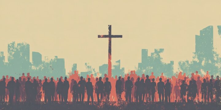 Large crowd of man and woman standing before christian cross in city. Silhouette of people gathering during religious event. Concept of faith, community gathering and belief in hope.