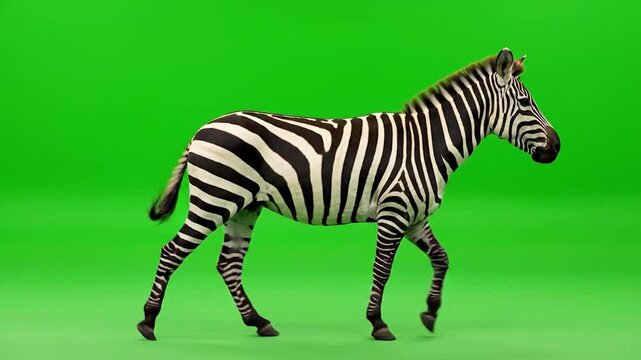 A striped equine animal walks across a solid green background with a neutral expression
