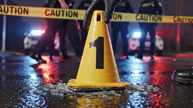 Crime Scene Evidence Marker - A yellow evidence marker cone labeled with the number one is placed over a broken cell phone at a crime scene, surrounded by shattered glass.