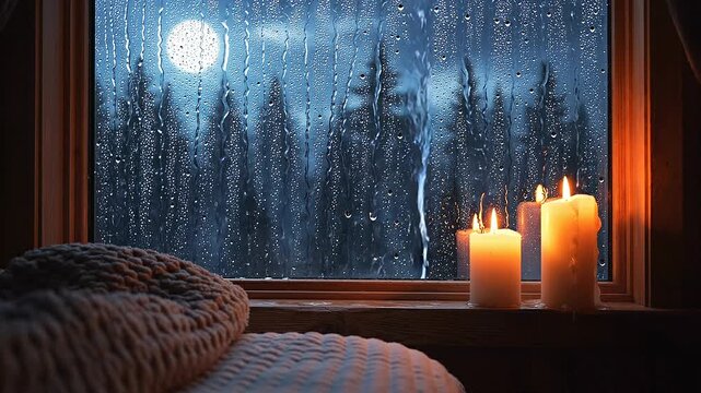 Three white candles burning by a rainy window with moonlight view