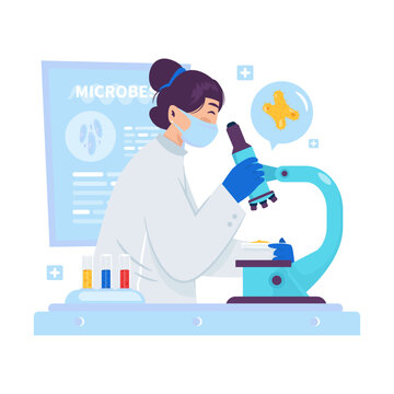 Medical Researcher Observing Microbes Through Microscope Vector Illustration