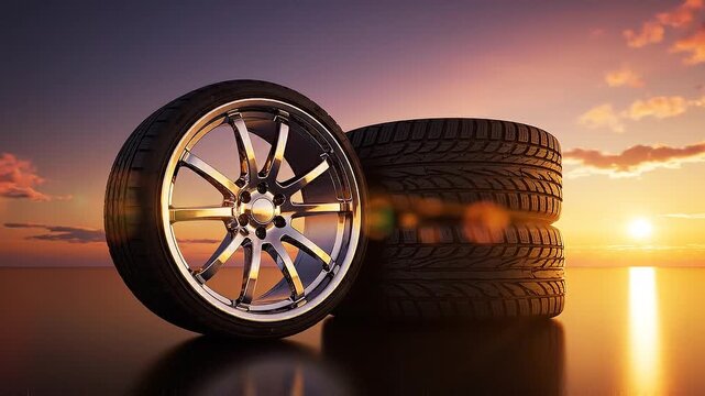 Stack of new car tires next to chrome alloy wheel at sunset