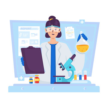 Medical Researcher Analyzing and Reporting Laboratory Data Vector Illustration