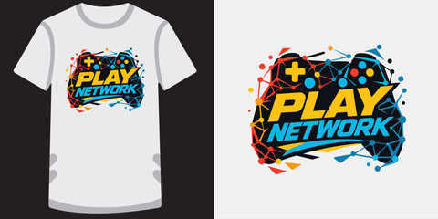 Modern stylish graphic design of a colorful video game controller with vibrant geometric shapes and play network text ideal for gamers and esports events © jubayer95