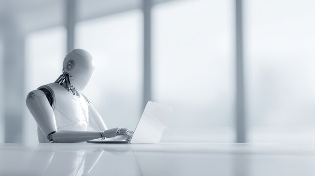 AI robot assistant helping human work on laptop in futuristic office