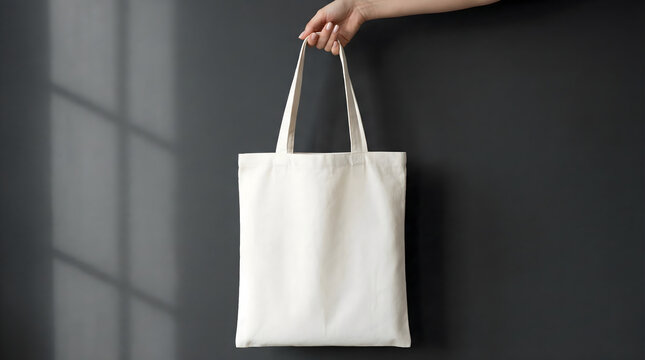 Female hand holding blank white canvas tote bag mockup against dark grey wall with window shadow