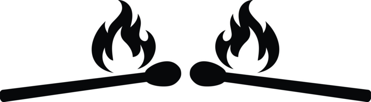 Silueta de cerillas encendidas con llamas, ilustraci&oacute;n vectorial de f&oacute;sforos ardiendo, icono de fuego y calor en formato EPS