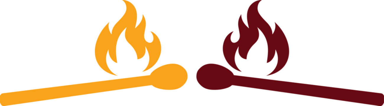 F&oacute;sforos encendidos con llamas de fuego, cerillas con flama en colores naranja y granate, ilustraci&oacute;n vectorial de chispas y calor