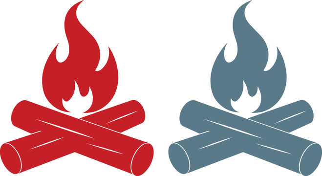 Iconos de fogata minimalista, ilustraci&oacute;n vectorial de hoguera con le&ntilde;a, s&iacute;mbolos de fuego para camping y aventura al aire libre