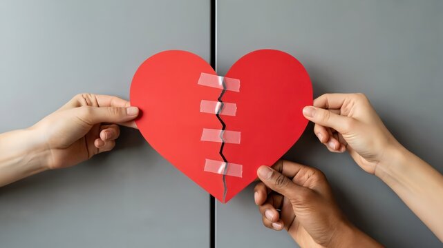 Diverse hands holding a taped broken heart for relationship counseling and emotional healing