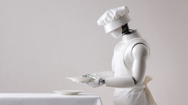 Humanoid robot helping chef plate gourmet meal for restaurant service