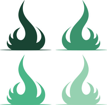Llamas abstractas minimalistas en color verde, conjunto de 4 iconos de fuego ecol&oacute;gico, s&iacute;mbolos de energ&iacute;a renovable y gas natural