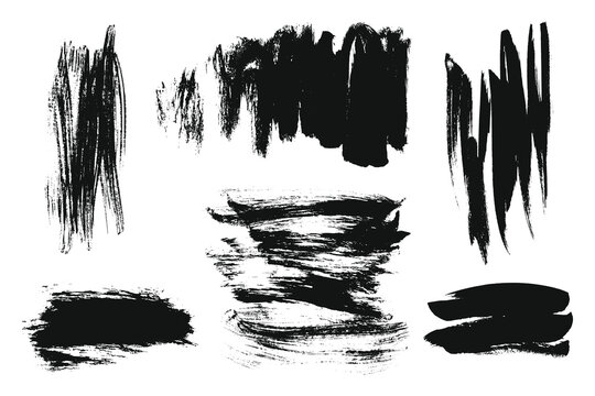 Grunge brush strokes collection. Black hand draw dry paint smears, lines and thick paint messy lines. Vector artistic rough grunge texture stains