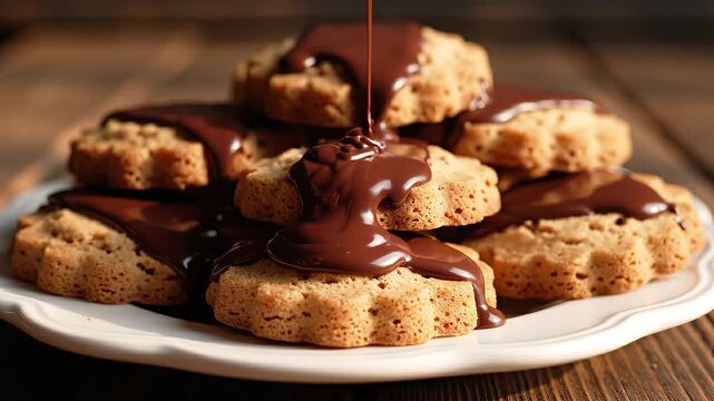 Liquid chocolate pouring on stack of fresh baked cookies