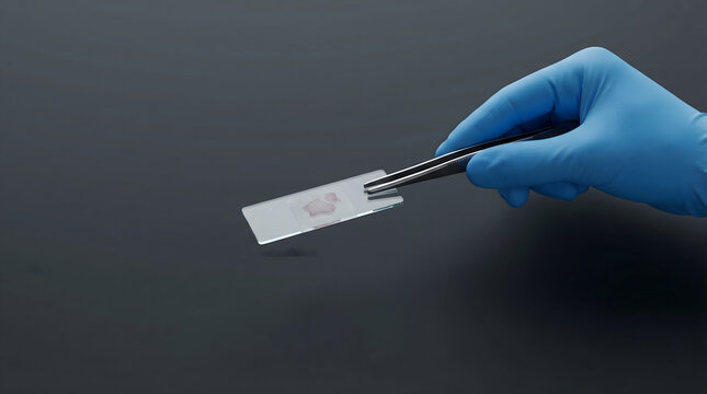 Hand in blue protective glove using metal tweezers to hold microscope slide with pink tissue sample against dark background