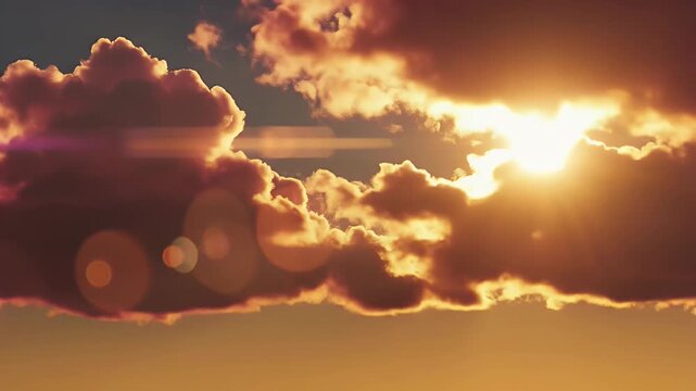 Radiant Sunset Clouds with Lens Flare - This video captures a stunning sunset with the sun partially obscured by fluffy clouds.