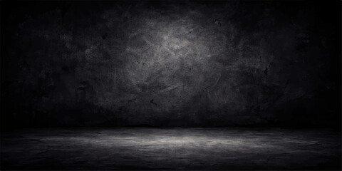 Fototapeta premium An empty dark room features a vintage grunge concrete wall and rough gray stone floor surface providing a dirty textured backdrop for industrial interior design