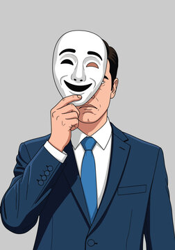 Modern illustration of businessman hiding sadness behind smiling mask, symbolizing emotional suppression, workplace stress, and hidden mental health struggles