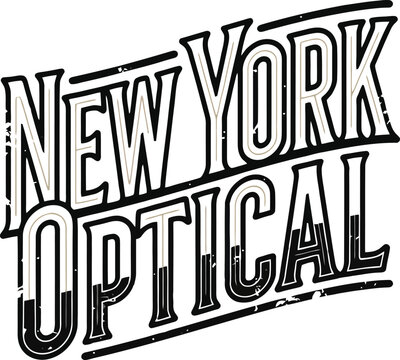 Vintage New York Optical logo, distressed typography, black and white vector graphic, eye care label
