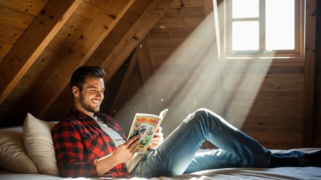 Young Caucasian man reading comic book in cozy wooden attic bedroom with cinematic sunlight