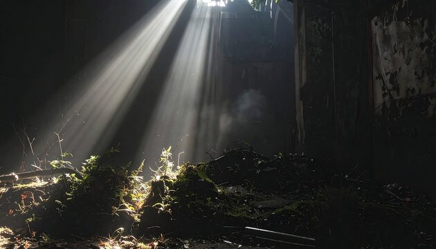 A dark, mysterious scene with a beam of light shining through