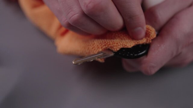 Close-up cropped shot of man disinfecting modern car key with sanitizing spray and cleaning it with orange microfiber cloth for virus and germ prevention sitting at table. Shooting in slow motion.