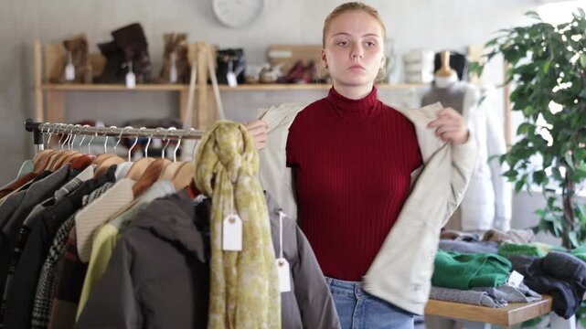 Selective teenage girl trying on beige jacket during shopping in clothing store . High quality 4k footage