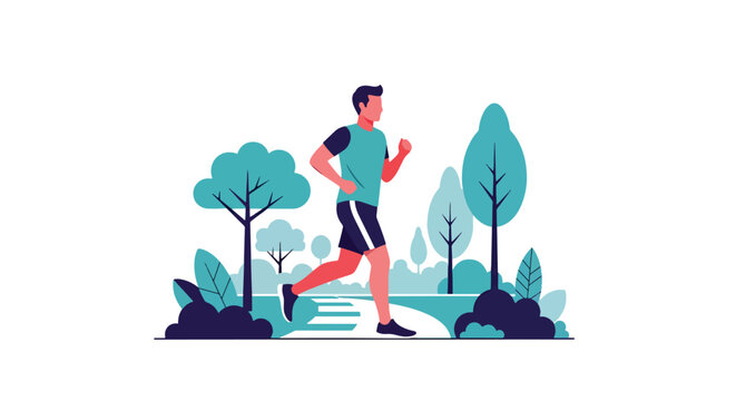 Modern illustration of man jogging in park, representing exercise for mental health, stress relief, emotional balance, and healthy lifestyle improvement