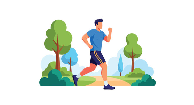 Modern illustration of man jogging in park, representing exercise for mental health, stress relief, emotional balance, and healthy lifestyle improvement