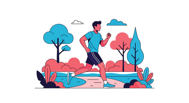 Modern illustration of man jogging in park, representing exercise for mental health, stress relief, emotional balance, and healthy lifestyle improvement