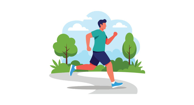 Modern illustration of man jogging in park, representing exercise for mental health, stress relief, emotional balance, and healthy lifestyle improvement