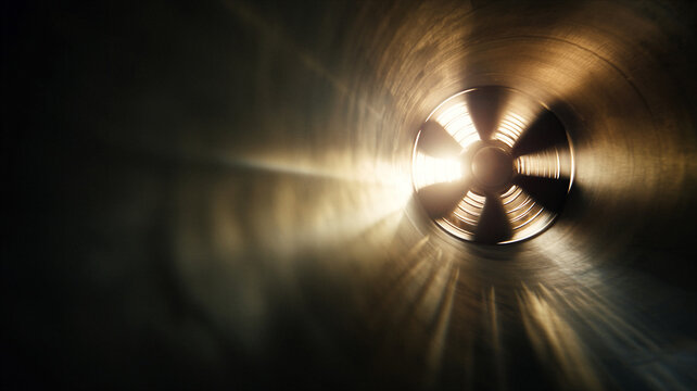 Industrial ventilation fan inside metal duct with dramatic light rays and motion blur creating abstract airflow concept