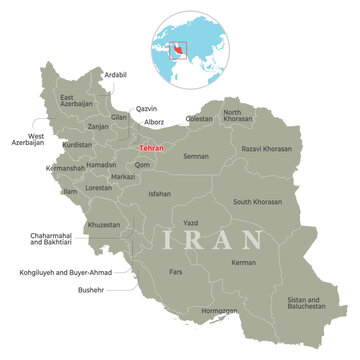 Iran provinces map with labeled cities and inset globe