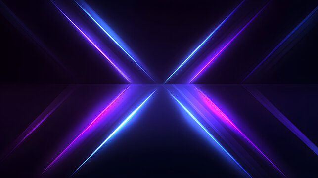 Glowing neon blue and purple geometric x pattern with symmetrical rays on dark abstract design