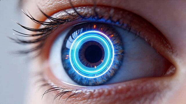 Closeup of an eye with glowing rings