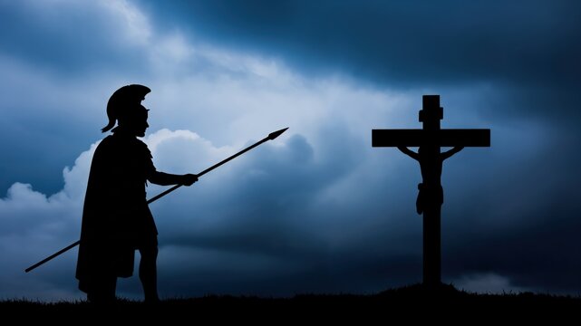 Silhouette of Roman Centurion Guarding Crucified Jesus Christ on Calvary Hill