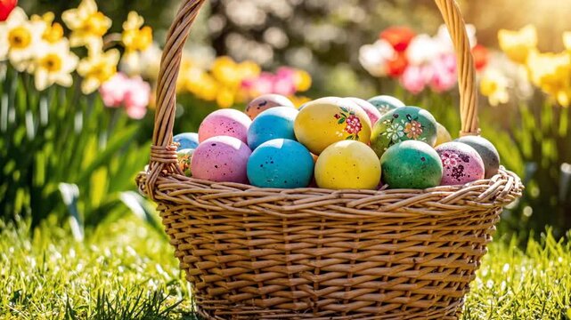 Easter Egg Basket Filled with a Collection of Decorated Colorful Eggs