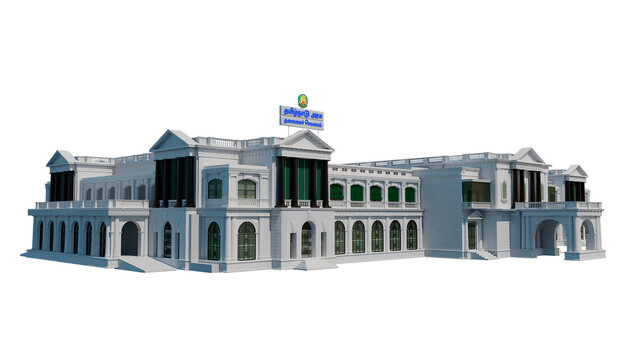 High-quality 3D architectural render of the Tamil Nadu Secretariat building featuring classical colonial design elements, symmetrical structure, white fa&ccedil;ade, green window accents, and official Tamil 