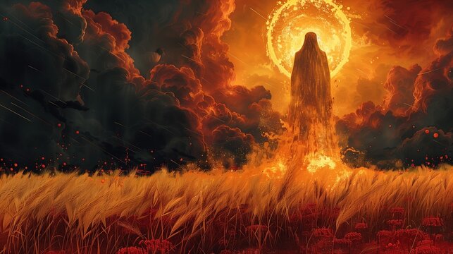 Robigalia: illustration, Robigus ancient Roman deity of grain rust depicted as a towering ethereal figure emerging from a dark rust-red infected wheat field