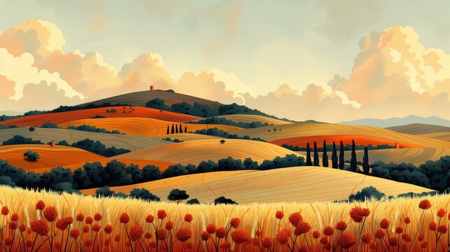 Robigalia: flat editorial illustration, sweeping ancient Roman wheat fields at golden hour, rows of stylized wheat stalks with scattered rust-red diseased patches