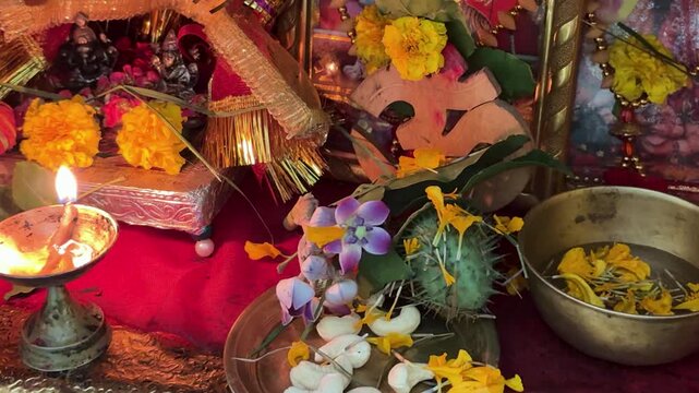 sacred pooja arrangement for shivratri with offerings and diya flame