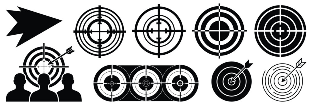 Collection of various black and white target icons and silhouettes