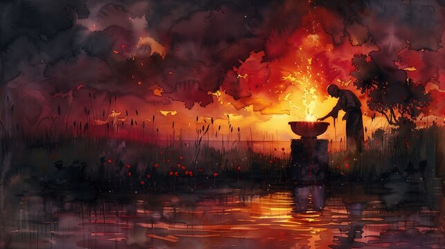Robigalia: illustration, Roman Flamen priest pouring wine from a terracotta amphora onto an ancient stone altar dedicated to Robigus at twilight, dramatic sunset palette of deep crimson, burnt orange