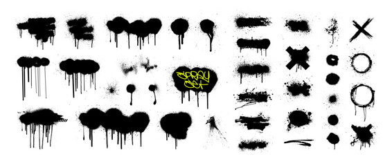 Graffiti template with aerosol spray effect and paint drips. Stencil paint splash, street bombing culture on dirty street wall. Vector graphic set with graffiti templates, paint shapes, spots, drops © SergeyBitos