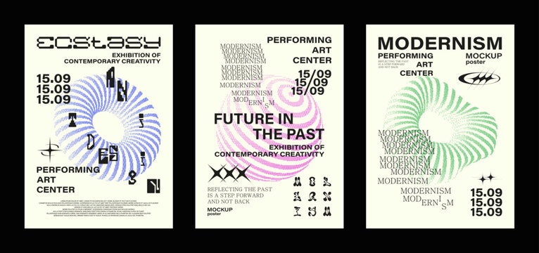 Modernism aesthetics in minimalistic posters. Halftone shapes and Swiss design. Bauhaus, funky geometric shapes y2k in retro futuristic posters. Vector posters minimalist y2k graphic set