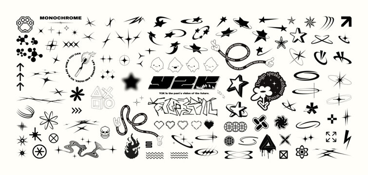 Retrofuturistic Y2K Icons, Stickers, and Decorative Symbols. Y2K-inspired vector elements: stars, arrows, icons, logos, and decals for stickers, clothing prints, digital design. Vector set