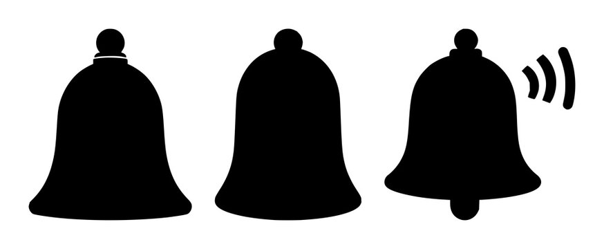 Solid black icon, white background: notification bell icon set with simple line art design featuring simple design, minimalist, black and white with illustrations and graphics