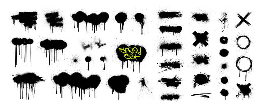 Graffiti template with aerosol spray effect and paint drips. Stencil paint splash, street bombing culture on dirty street wall. Vector graphic set with graffiti templates, paint shapes, spots, drops